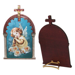Marco ángel en oración con crucifijo en madera MDF – 7 × 11 cm