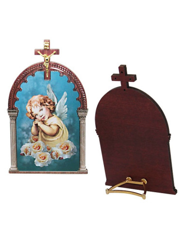 Cadre ange en prière avec crucifix en bois MDF à poser – 7 × 11 cm