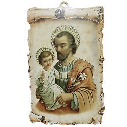 Plaque murale Saint Joseph et l'Enfant Jésus – MDF parchemin, 10 × 14 cm