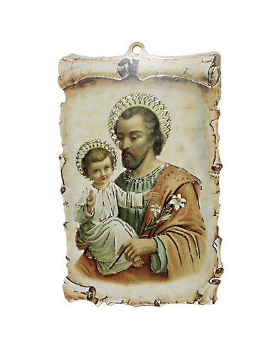 Wandbild Heiliger Josef mit Jesuskind – MDF, Pergamentstil, 10 × 14 cm