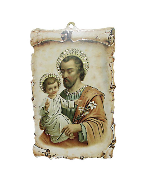 Placa de pared San José con el Niño Jesús – MDF pergamino, 10 × 14 cm