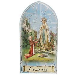 Cadre mural Apparition de Lourdes en bois avec prière – 10 × 20 cm