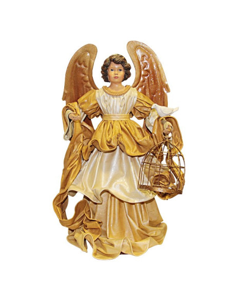 Ange robe dorée avec cage oiseaux et colombe - 42 cm