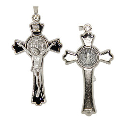 Croce di San Benedetto - Metallo argentato con smalto nero - 3 x 5 cm