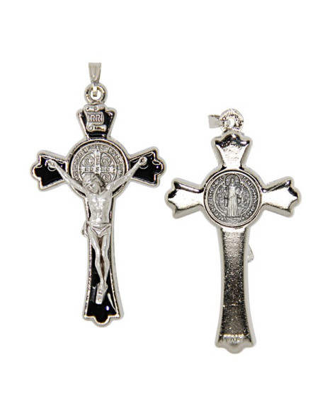 Croce di San Benedetto - Metallo argentato con smalto nero - 3 x 5 cm