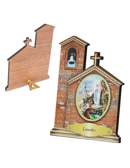Quadretto apparizione di Lourdes a forma di chiesa in MDF – 11 cm