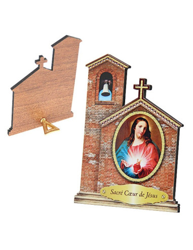 Heilig Hart van Jezus tafelkader in kerkvorm in MDF – 11 cm