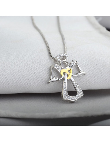 Collana in argento con pendente angelo in argento intarsiato con zirconi e cristalli - argento 925