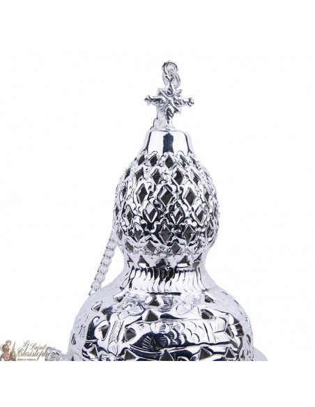 Carved silver incense burner with cross - hops
