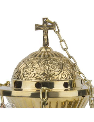 Incensario de cobre tallado con cadenas - friso floral