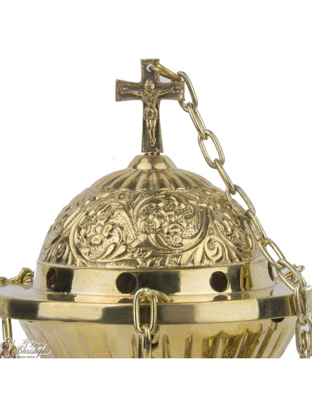 Incensario de cobre tallado con cadenas - friso floral