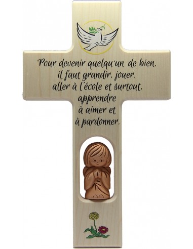 Kruzifix24 Croix de baptême pour Enfant en Bois Clair avec Ange de Protection en céramique 14,5 x 10 cm 