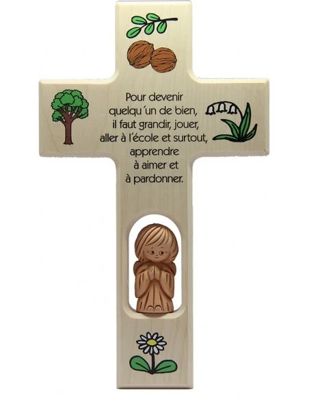 Croix en bois avec ange terre cuite chambre d'enfant