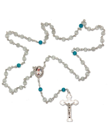 Chapelet religieux de Banneux pierre œil de chat blanc et bleue