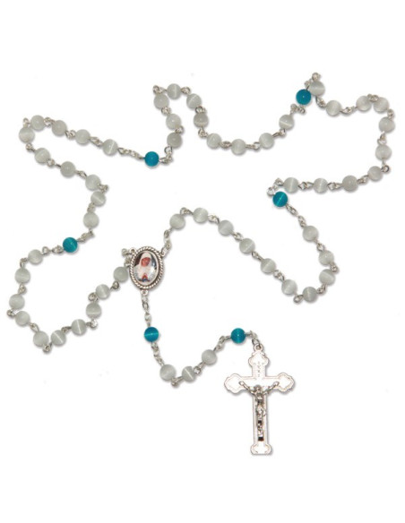 Chapelet religieux de Banneux pierre œil de chat blanc et bleue