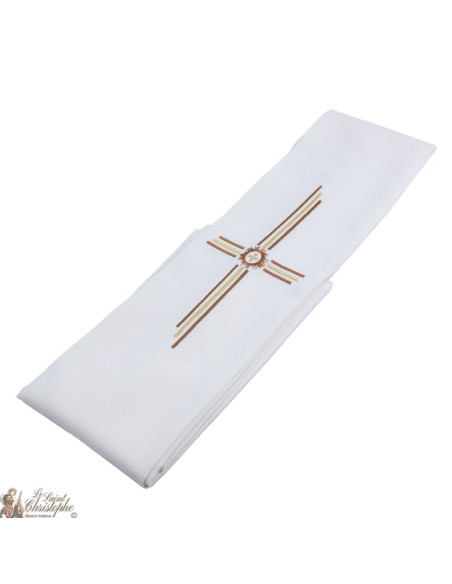 Estola sacerdotal bordada color crema cruz de oro y marrón