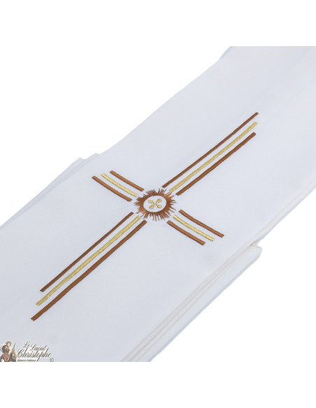 Stola sacerdotale ricamata color crema, con croce d'oro e marrone