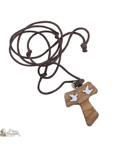 Necklace with cross TAU doves olive wood