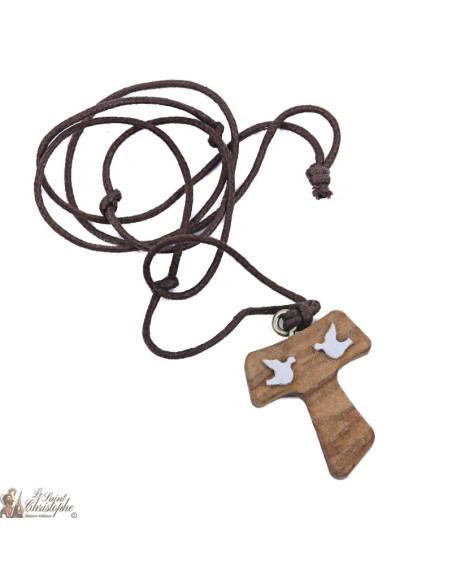 Halskette mit Kreuz TAU Tauben Olivenholz