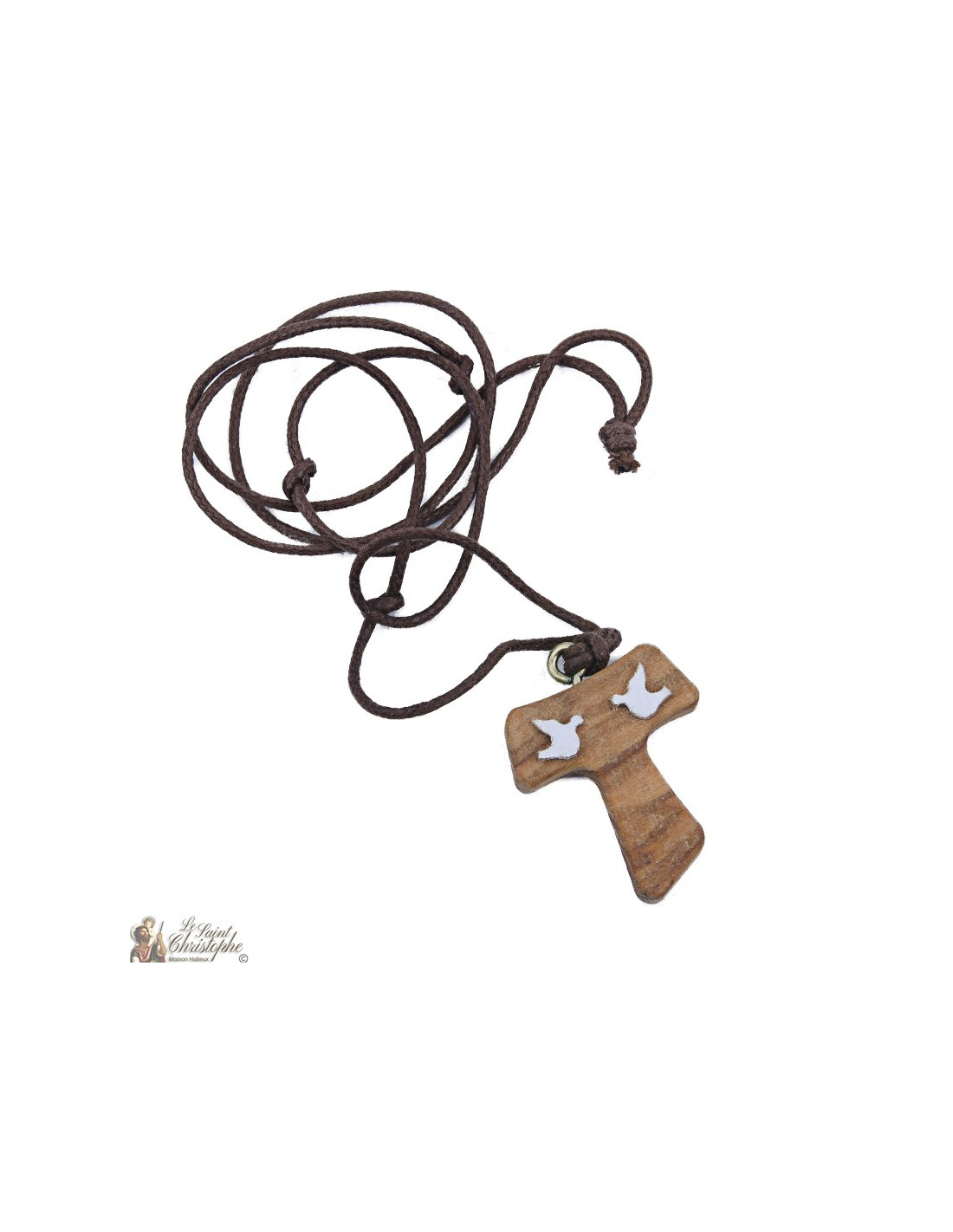 Necklace with cross TAU doves olive wood
