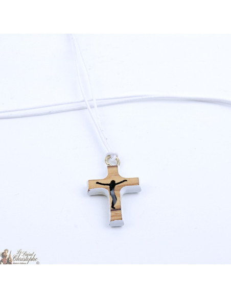 Collier avec Croix en bois d'olivier - blanc