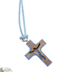 Collana con croce in legno d'ulivo - blu