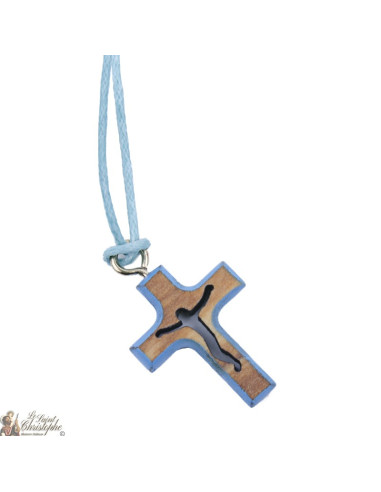 Ketting met olijfhoutkruis - blauw
