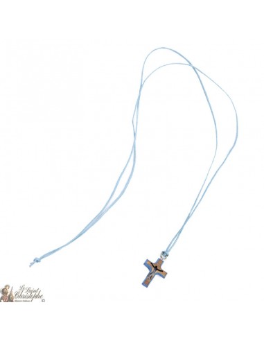 Collier avec Croix en bois d'olivier - bleu