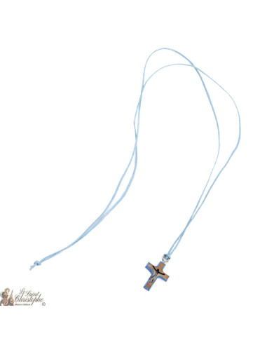 Ketting met olijfhoutkruis - blauw