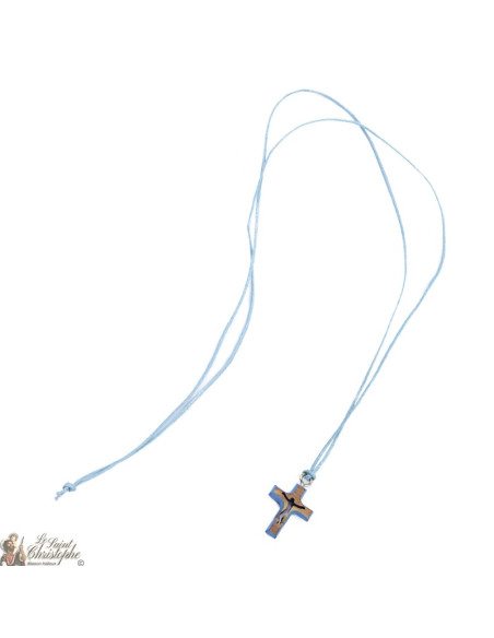 Collier avec Croix en bois d'olivier - bleu