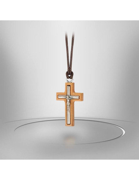 Cruz de madera de olivo con cuerda - Crucifijo de plata grande