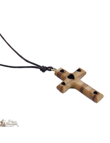 Collana a croce con cuore in legno d'ulivo