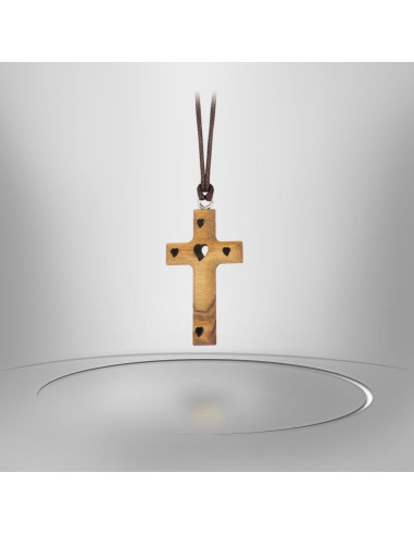 Collana a croce con cuore in legno d'ulivo