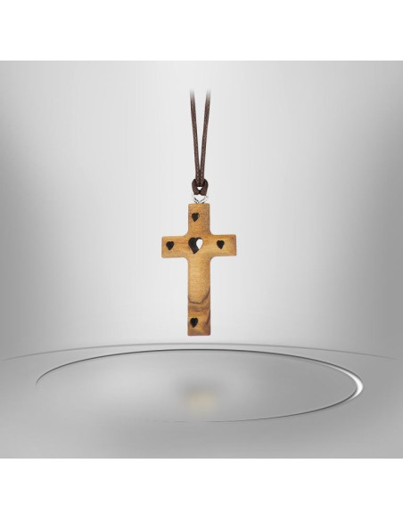 Collana a croce con cuore in legno d'ulivo