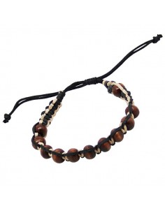 Leather bracelet mounted with brown wooden beads