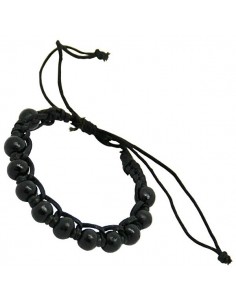 Leather bracelet mounted with black wooden beads