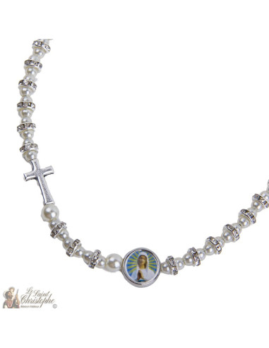 Necklace strass beads cross with the Virgin of Banneux N.D.