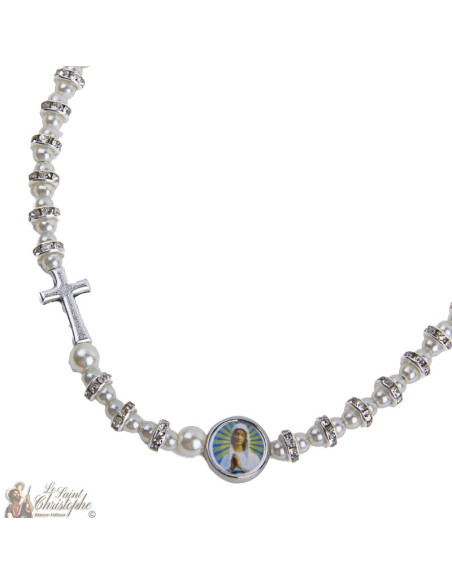 Necklace strass beads cross with the Virgin of Banneux N.D.