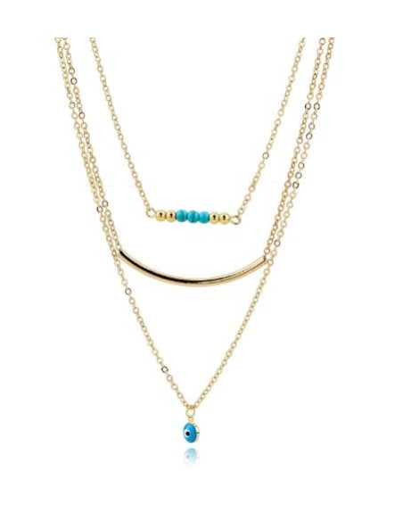 Collier chaîne 3 rangs - œil protection style Boho - plaqué or