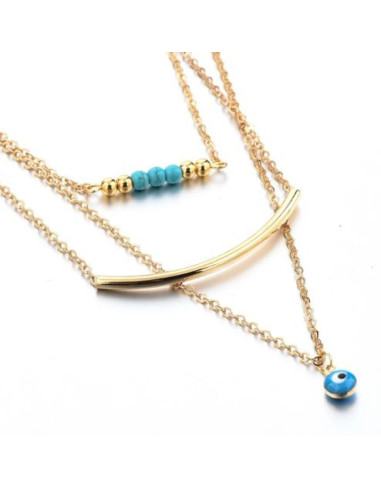 Collier chaîne 3 rangs - œil protection style Boho - plaqué or